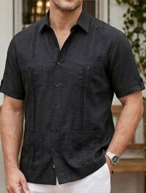 Cubavera Mens Black guayabera  Button Down Short Sleeve Shirt Sz.XL